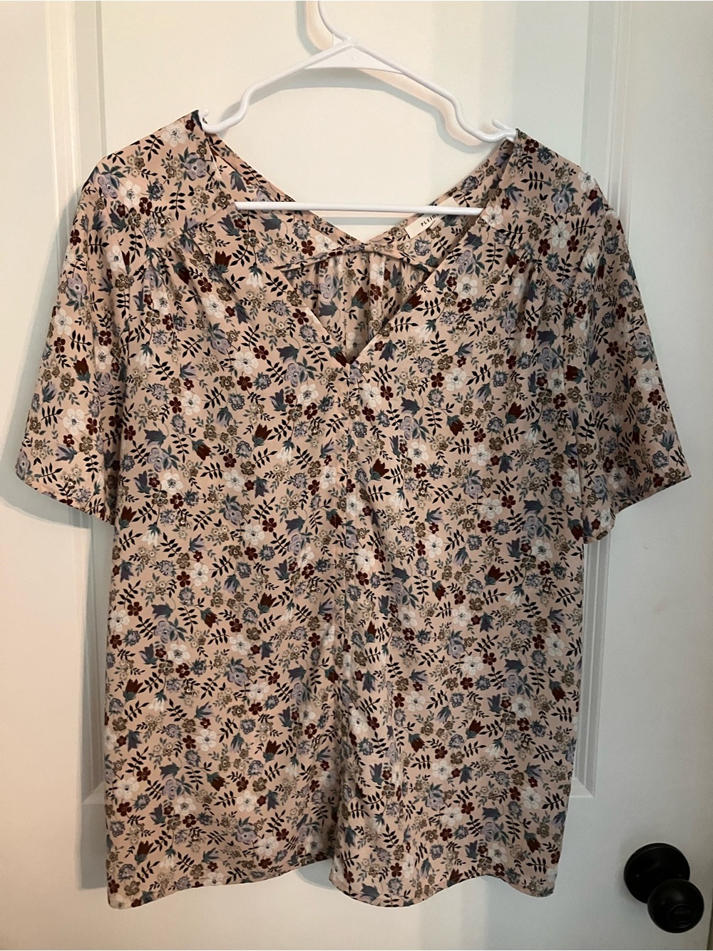 Pleione Cream Floral V-Neck Short Sleeve Top with Blue and Brown Accents
